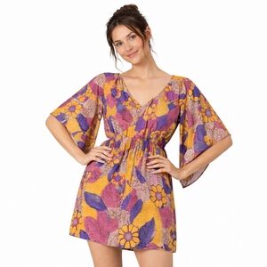 Lani California Size S & M Mustard Purple Viscose Batwing Mini Dress Open Back
